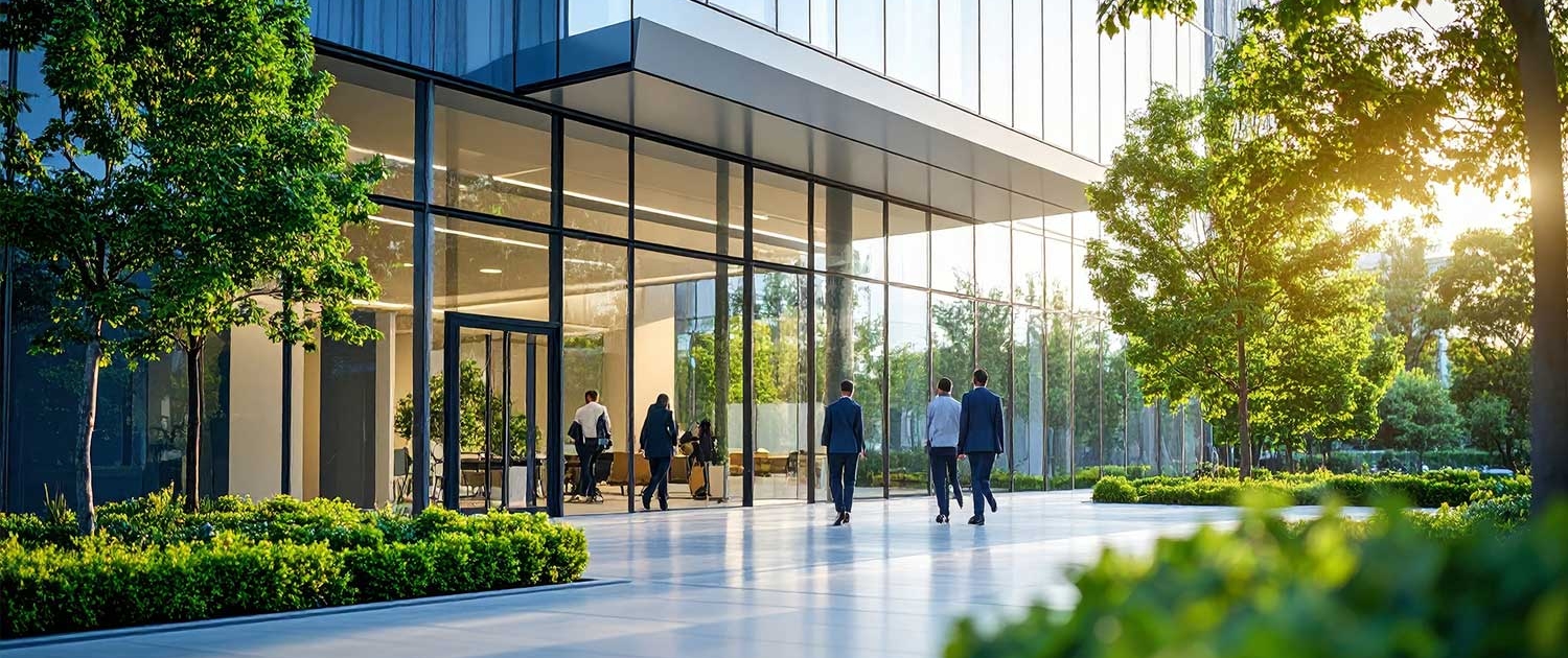 Eine gepflegte Grünanlage vor einem modernen Bürogebäude.